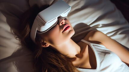 Naklejka premium Top View of Beautiful Young Woman Sleeping Cozily wearing virtual reality glasses. 