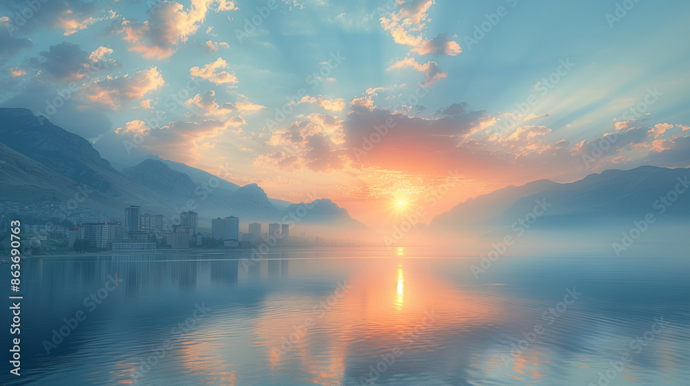 Wall mural sunrise over the lake