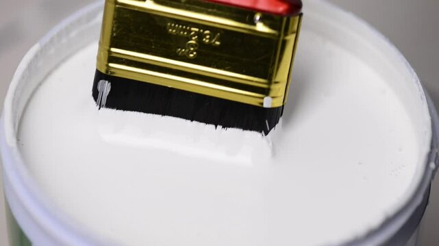 Macro close-up video of a gold and red paintbrush dipped in a bucket of white paint, capturing detailed bristles