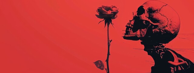 A red backdrop features a black-and-white skull image, holding a rose in its right hand