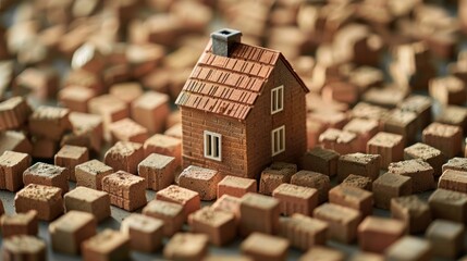 An isolated image of a miniature house surrounded by bricks, symbolizing the foundation and building blocks of homeownership, with space around for adding text