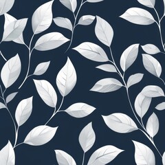Seamless floral pattern with white leaves on a dark blue background. Elegant botanical design for fabric, wallpaper, or stationery.
