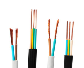 Various Electrical Wires With Exposed Copper Strands on White Background