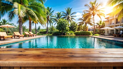 Fototapeta premium Elegant wooden desk with mockup space on a blurred tropical resort poolside background, perfect for showcasing products in a relaxing summer travel atmosphere.