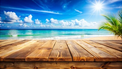 Empty rustic wooden table on a blurred beautiful beach background, perfect for summer product display or travel advertisement, customizable space on table-top for editing.