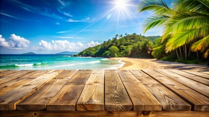 Empty rustic wooden table on a blurred beautiful beach background, perfect for summer product display or travel advertisement, customizable space on table-top for editing.