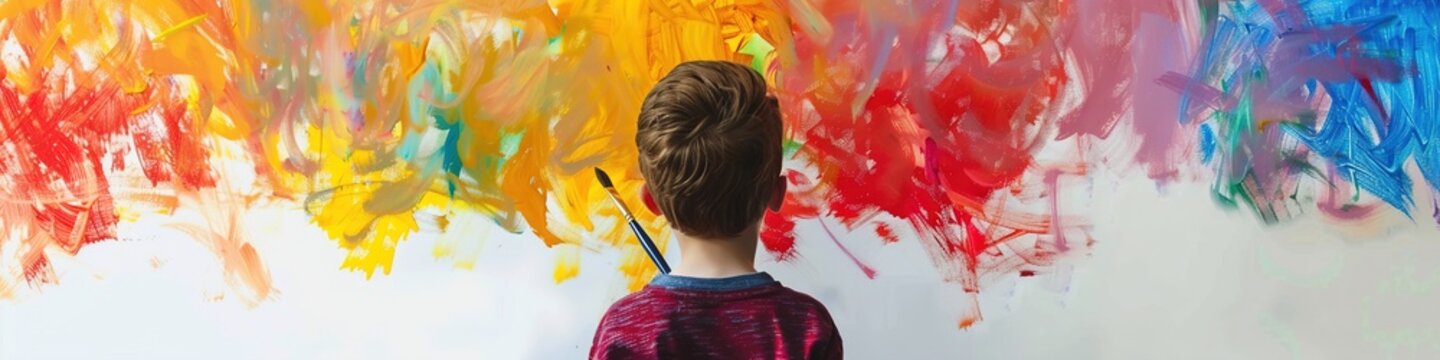 A young boy staring at a blank canvas with a paintbrush in hand, his face showing anticipation, with faint, colorful visions of potential paintings swirling around him.