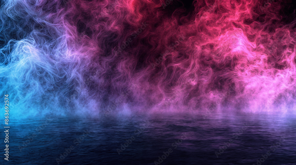 Poster abstract colorful ocean landscape with swirling clouds above calm water.. high quality photo.