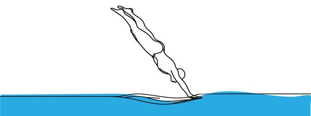 One single line drawing of young energetic woman diving into the swimming pool after beauty jumping somersault vector illustration. Healthy lifestyle sport concept. Modern continuous line draw design