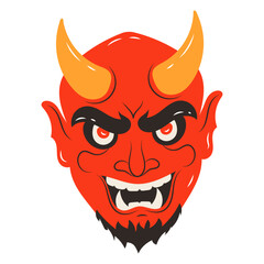 Red evil demon face with yellow horns on an isolated white background. Vector stock illustration.