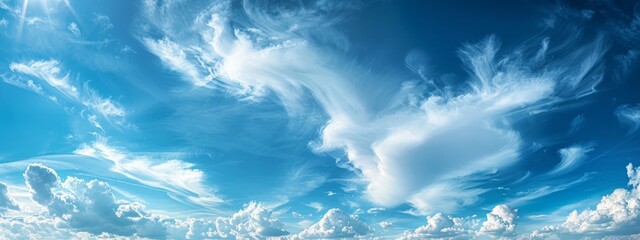 Obraz premium blue sky dotted with cotton-like clouds A solitary plane cuts through the cloudless expanse mid-flight on a radiant, sunny day