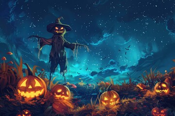 Fototapeta premium A scarecrow standing in the middle of a pumpkin patch under a night sky filled with stars, with a few jack - o' - lanterns glowing faintly in the darkness