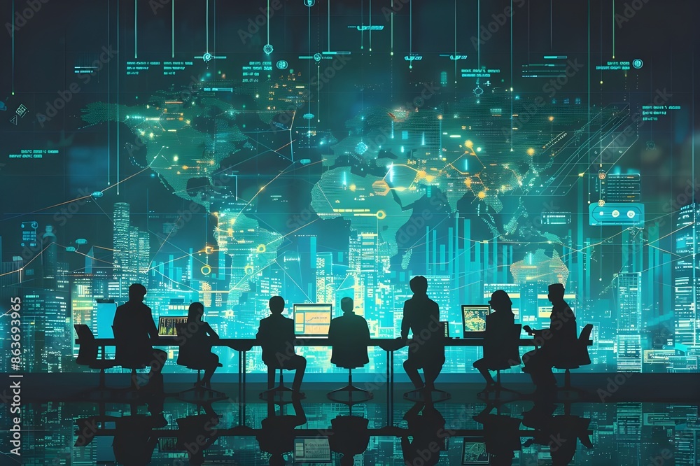 Wall mural Silhouettes of business people in conference room with blue digital world map and graphs overlapping