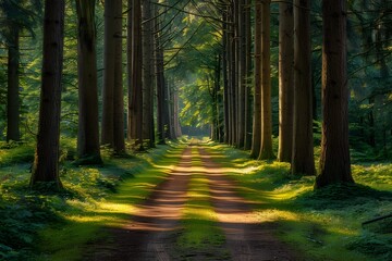 Fototapeta premium A path in the forest lined with tall, beautiful trees in the sunlight