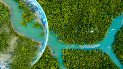 Carbon Tax Credit Banner Reduction Innovation Concept. Earth on River Forest for love Planet Earth...