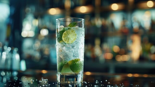 A sophisticated cocktail crafted with gin, muddled lime, and mint leaves, topped with soda in a tall glass, condensation beading on the side, set against a blurred background of a chic bar interior.