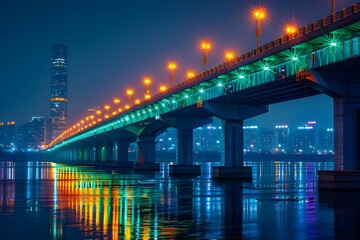 Night view of the city filled with colorful lights of bridges and large buildings illuminated by colorful lights