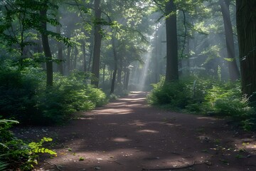 Obraz premium A path in the forest lined with tall, beautiful trees in the sunlight
