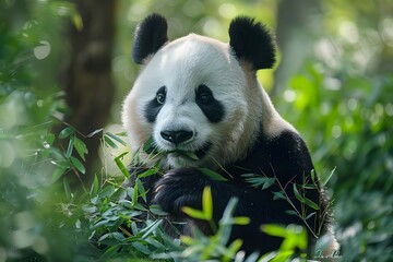 Obraz premium Wild giant panda eating grass in the forest
