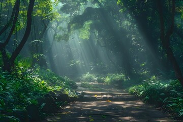 Obraz premium A path in the forest lined with tall, beautiful trees in the sunlight