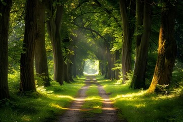 Obraz premium A path in the forest lined with tall, beautiful trees in the sunlight
