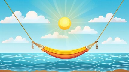 Sunshine and hammock relaxation flat design, front view, summer theme, water color, Complementary Color Scheme