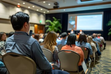 This is a view of the classroom from the back seat when a lecture is in full swing in a classroom equipped with a large screen and many people in attendance.