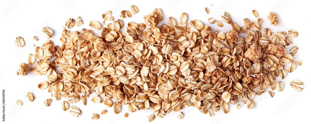 Wall mural close-up of a pile of oat flakes mixed with crunchy cereal crisps, isolated on a white background