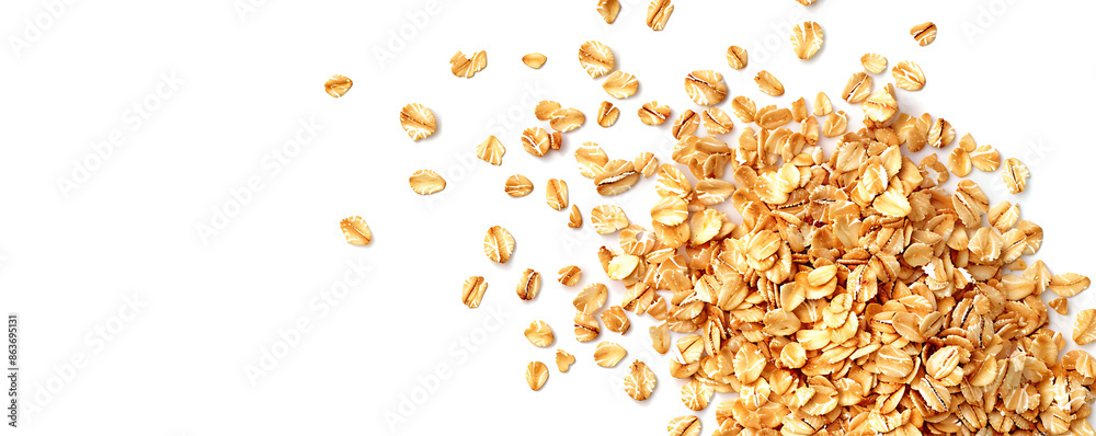 Wall mural Close-up of a pile of oat flakes mixed with crunchy cereal crisps, isolated on a white background