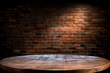 Fototapeta premium Empty round wooden table with brick wall background. High quality photo.