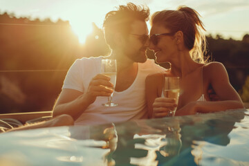 happy couple holding a glass of champagne in the rays of the setting sun on vacation near the water