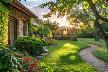 Scenic garden path leading to a cozy house at sunset