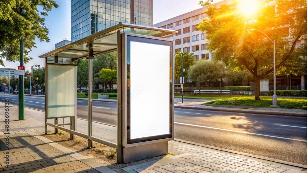 Wall mural empty white lightbox sign at urban bus stop displays blank digital advertisement panel, ready for cu