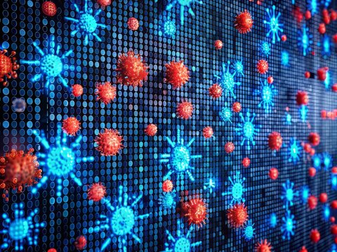 Vibrant red and blue binary codes scatter across a black screen, symbolizing a malicious computer virus corrupting valuable data on a damaged hard drive sector.