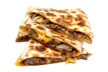 A close-up of stacked quesadillas filled with vegetables, meat and sauce.