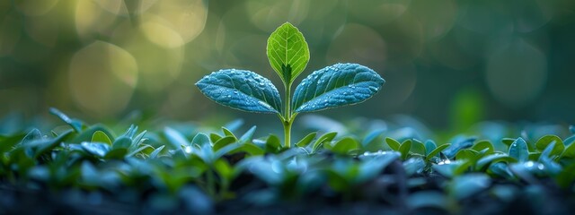  A tight shot of a small green plant, its leaves dotted with water droplets, against a softly blurred backdrop