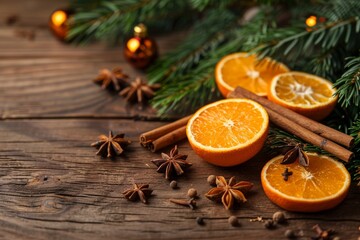Christmas mulled wine set made from orange, cloves, anise, cinnamon, various spices and berries. Christmas card with fir branches on a wooden background with space for text.