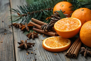 Christmas mulled wine set made from orange, cloves, anise, cinnamon, various spices and berries. Christmas card with fir branches on a wooden background with space for text. © Margarita