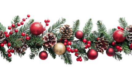 Christmas Branches Border with Christmas Decorations on Transparent Background