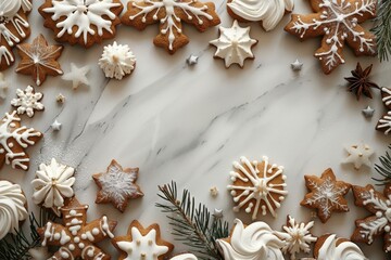 Sweet gingerbread cookies with white icing for Christmas on a white marble background. Cookies decorated with powdered sugar, fir branches and cinnamon. New Year card with space for text.