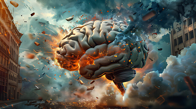 Concept art of a human brain exploding with knowledge and creativity