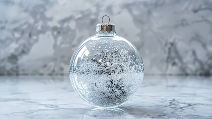 A transparent glass Christmas ball hangs on a fir branch on a white background. Postcard or advertisement for a winter decor store. Space for text.