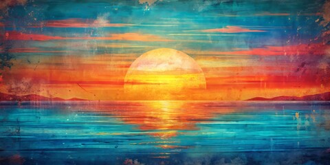 Vibrant abstract sunset illustration with warm orange, pink, and cool blue hues on a distressed grunge background, set against a serene sea horizon.