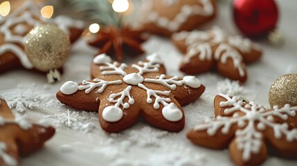 Scandinavian Christmas gingerbread with white icing in the shape of snowflakes and balls. Advertising of Christmas and New Year baking. Card for family or New Year with sweet cookies.
