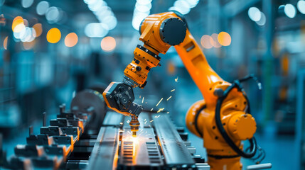 A robotic arm welding in an advanced industrial manufacturing facility, showcasing automation technology in a factory setting.