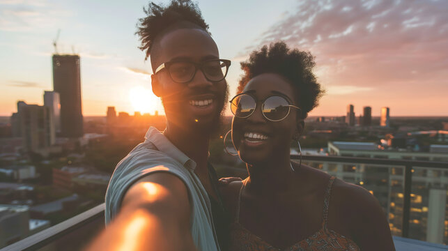 Two friends taking a selfie at a rooftop party with city skyline in the background during sunset.