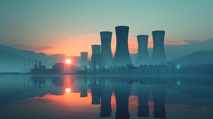 Towering Nuclear Reactor Cores Casting Ethereal Glow over Hypermodern Metropolis Mirrored on Tranquil Lake