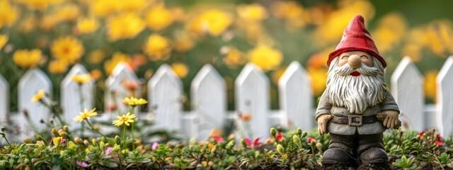 Fototapeta premium A garden gnome in a red hat stands before a white picket fence, framing a vibrant flower field with yellow and pink blooms