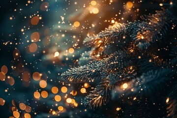 Bright yellow garland on a Christmas tree with bokeh effect. Christmas card or desktop wallpaper. New Year's fairy tale. Space for text.