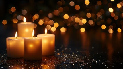 White Christmas candles on a black background. Christmas and New Year decor made of candles, garlands and fir branches. Christmas holiday card with space for text.